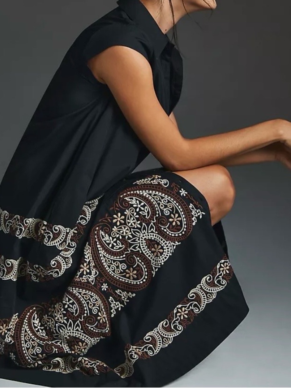 Anthropologie 💯% Cotton cap-sleeve embroidered midi shirt dress in black